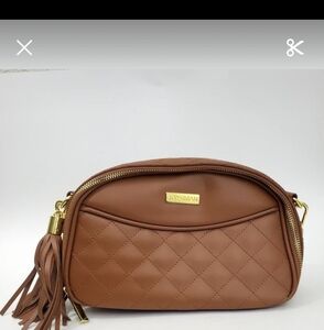 Brown Leather Quilted Crossbody Bag with Tassel